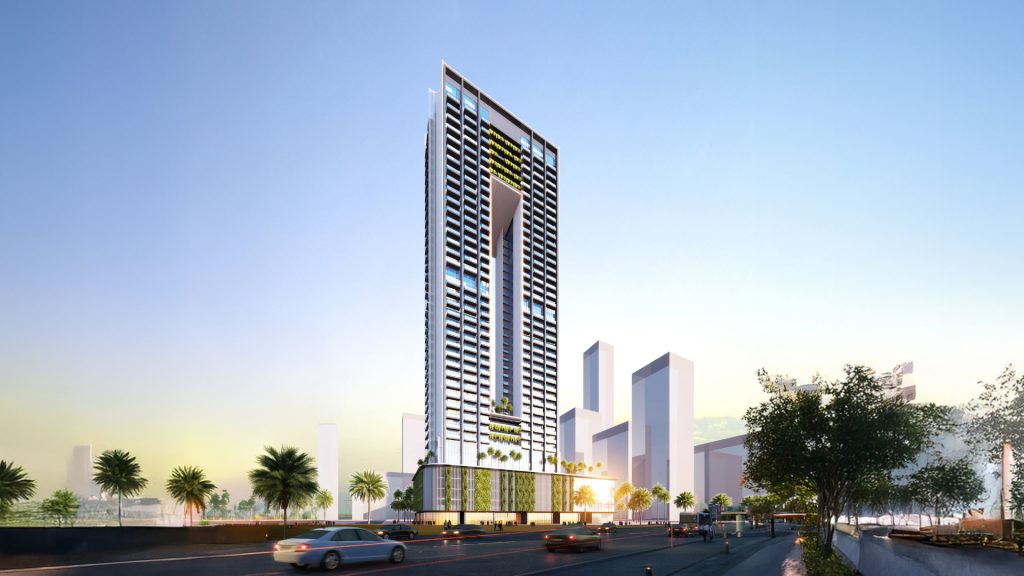 SkyGate Tower exterior view — Jumeirah Village Triangle 46-storey residential tower
