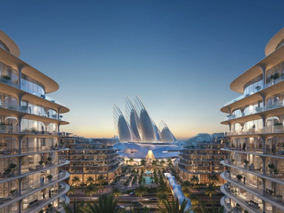 The Row Saadiyat Island luxury apartment building – exterior view overlooking sea and landscaped surroundings