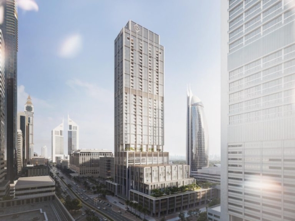 DIFC Heights Tower exterior view Dubai skyline Burj Khalifa backdrop