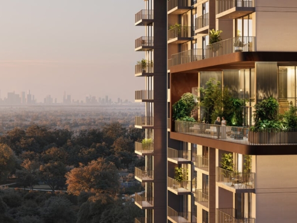 Distrikt Ghaf Woods Dubai exterior view – forest surroundings and apartment blocks