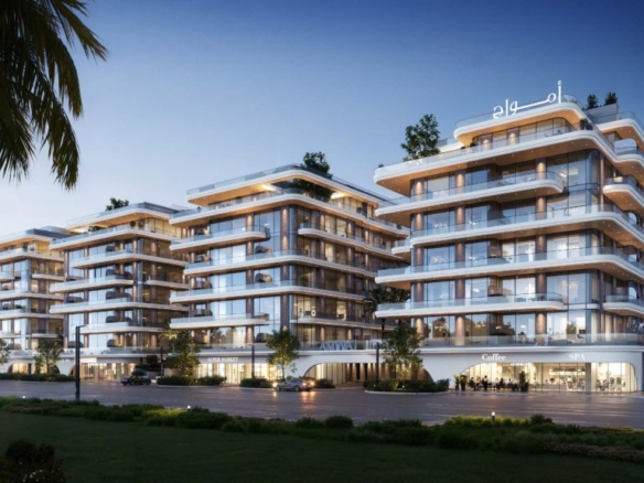 Front view of Gate Eleven 4‑bed townhouse in MBR City District 11 Dubai with pool and landscaped surroundings