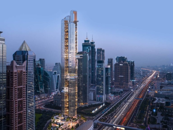 Lumena Dubai office tower exterior night view