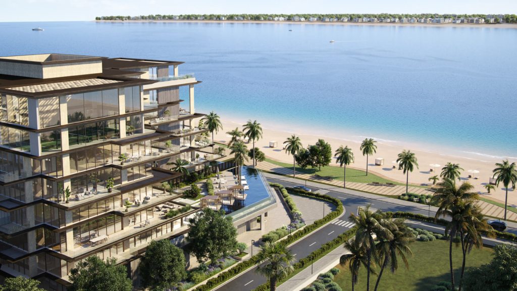 Omoria Private Residences Dubai Islands exterior sea-view at sunset