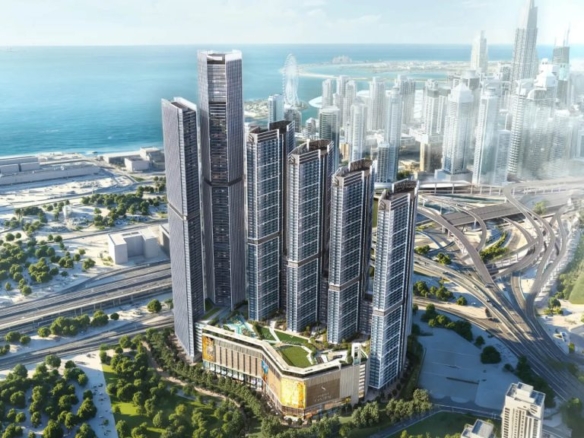 The Eden Dubai — exterior tower view along Sheikh Zayed Road at sunset