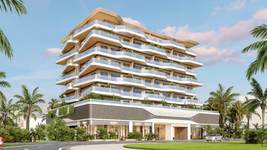 Tomorrow 166 Dubai Islands exterior – waterfront low-rise apartments by Central Park with landscaped gardens and modern architecture