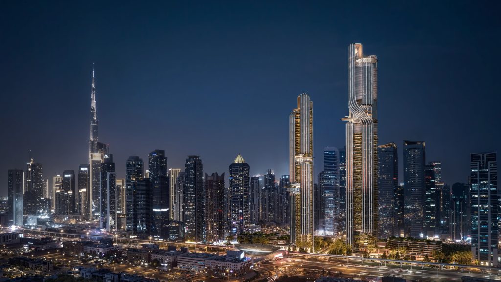 Lumena Alta Dubai exterior night view – twisted façade Business Bay tower