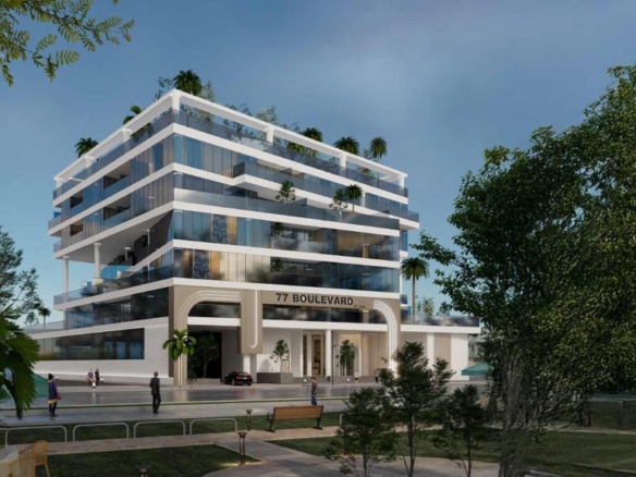 77 Boulevard Dubai – Exterior view of modern residential building at Jumeirah Village Circle