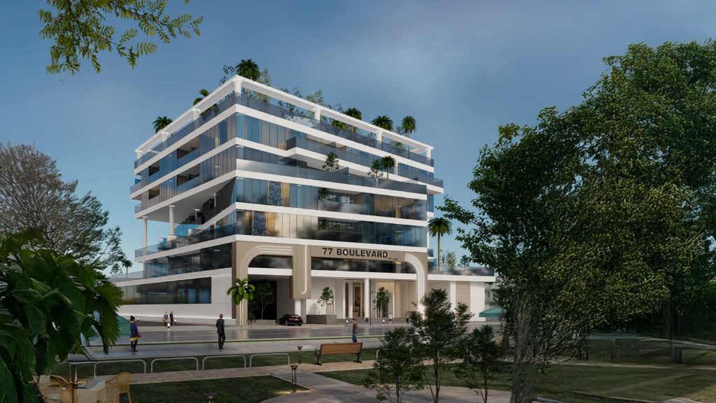 77 Boulevard Dubai – Exterior view of modern residential building at Jumeirah Village Circle