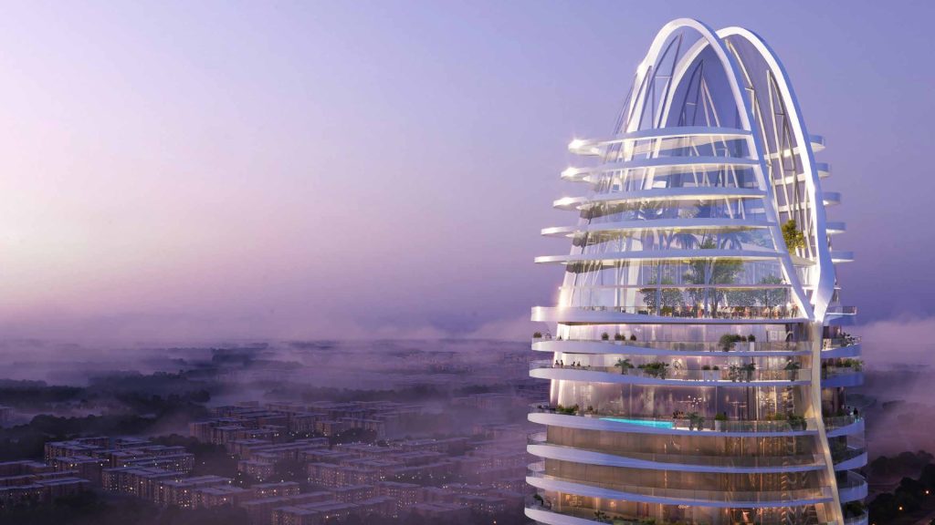 Living room of Canal Crown luxury apartment with Dubai Canal view