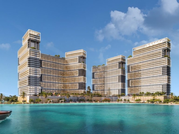 SeaCrest DAMAC Dubai Maritime City beachfront apartment building at sunset