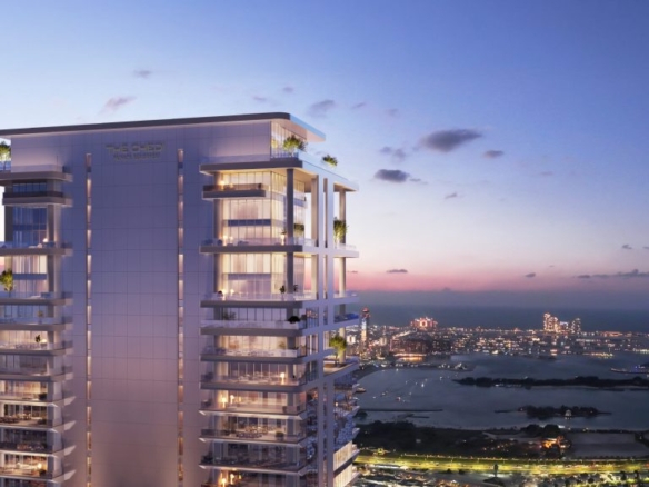 Exterior view of The Chedi Private Residences tower along Sheikh Zayed Road, Dubai