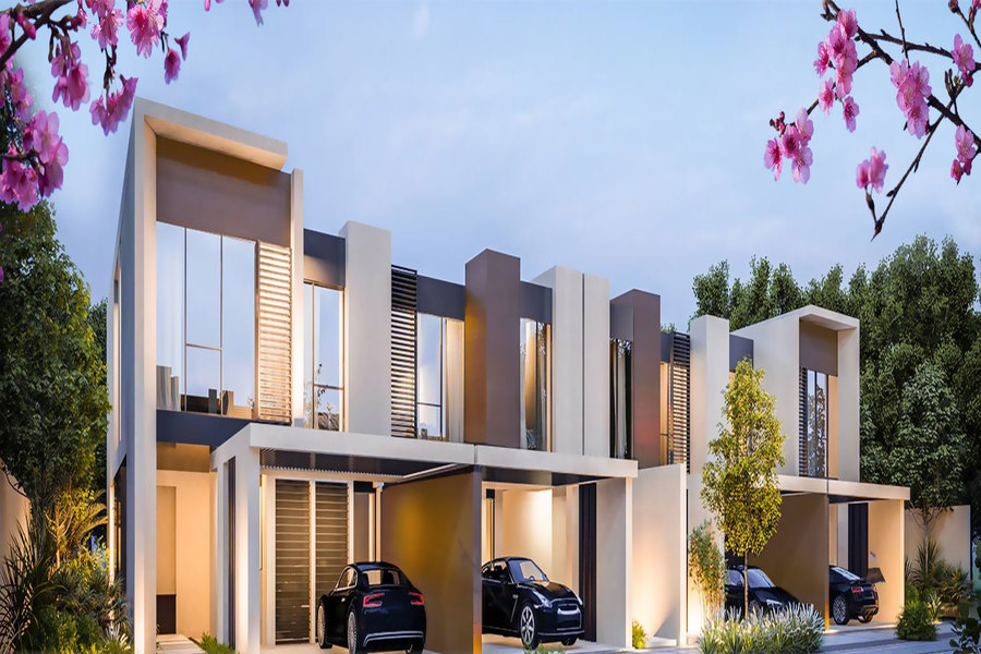 Cherrywoods gated townhouses exterior in Dubailand Dubai