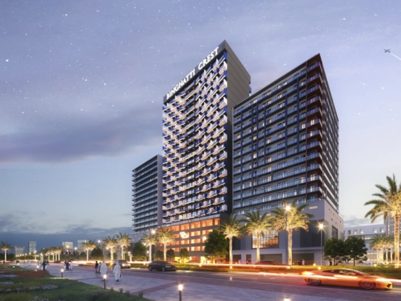 Binghatti Crest residential building exterior in JVC