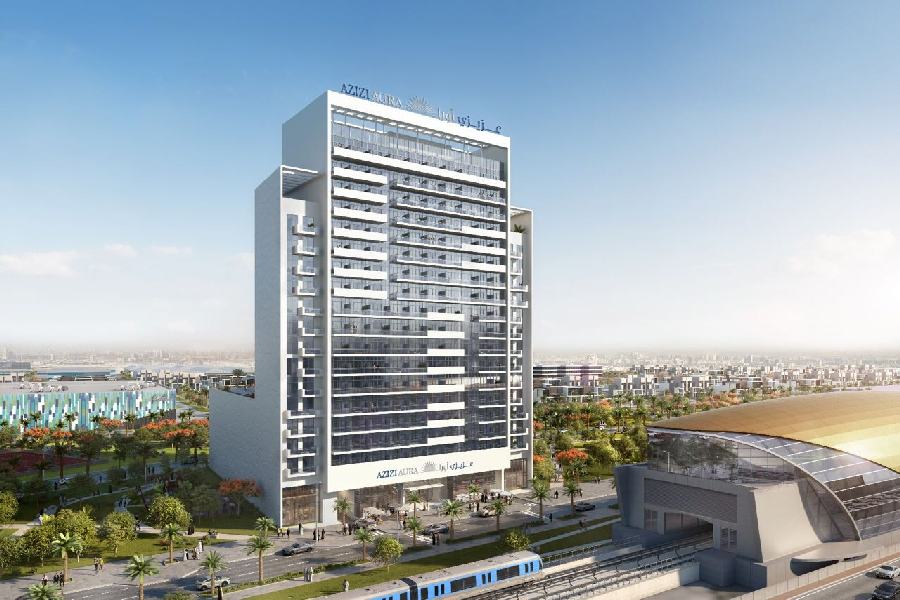 Azizi Aura residential tower exterior in Jebel Ali Dubai