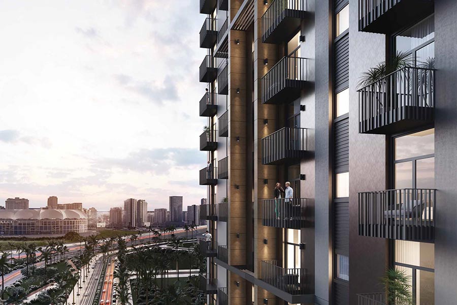 Belgravia Heights II exterior view Jumeirah Village Circle Dubai