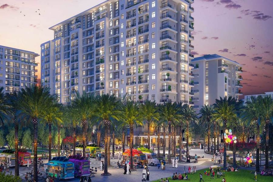 Rawda Apartments exterior view in Town Square Dubai